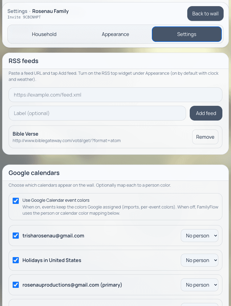 FamilyFlow settings for Google Calendar connections